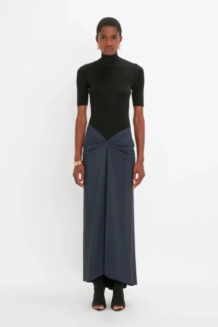 Polo Neck Gathered Dress In Midnight